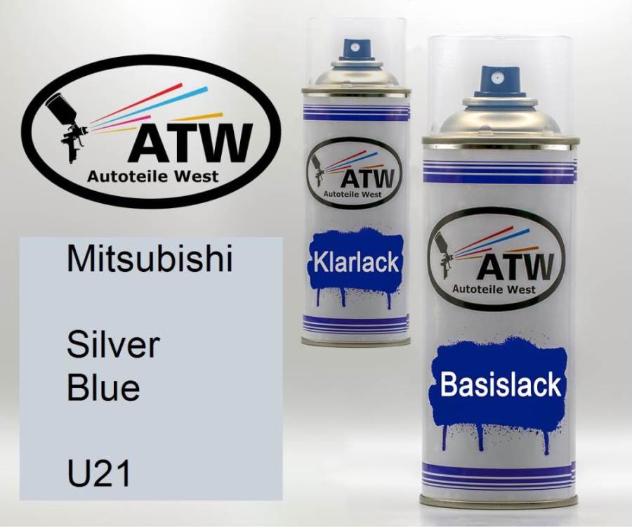 Mitsubishi, Silver Blue, U21: 400ml Sprühdose + 400ml Klarlack - Set, von ATW Autoteile West.